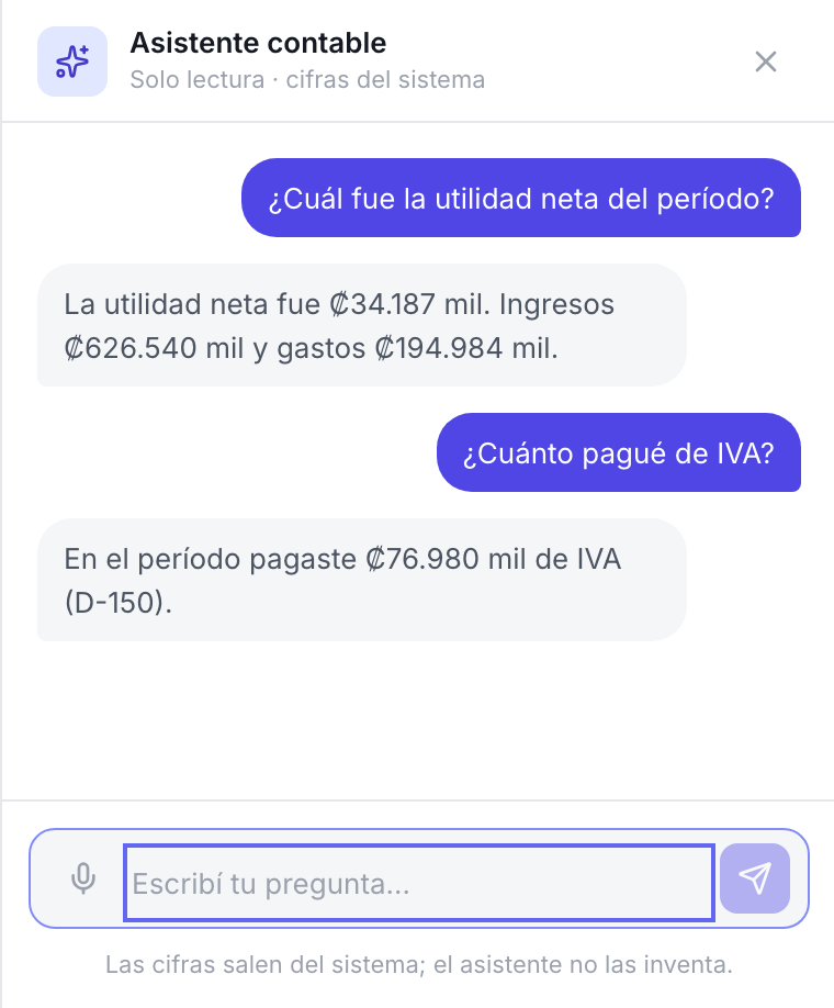 Asistente de IA de Sis-Contable respondiendo con cifras del sistema