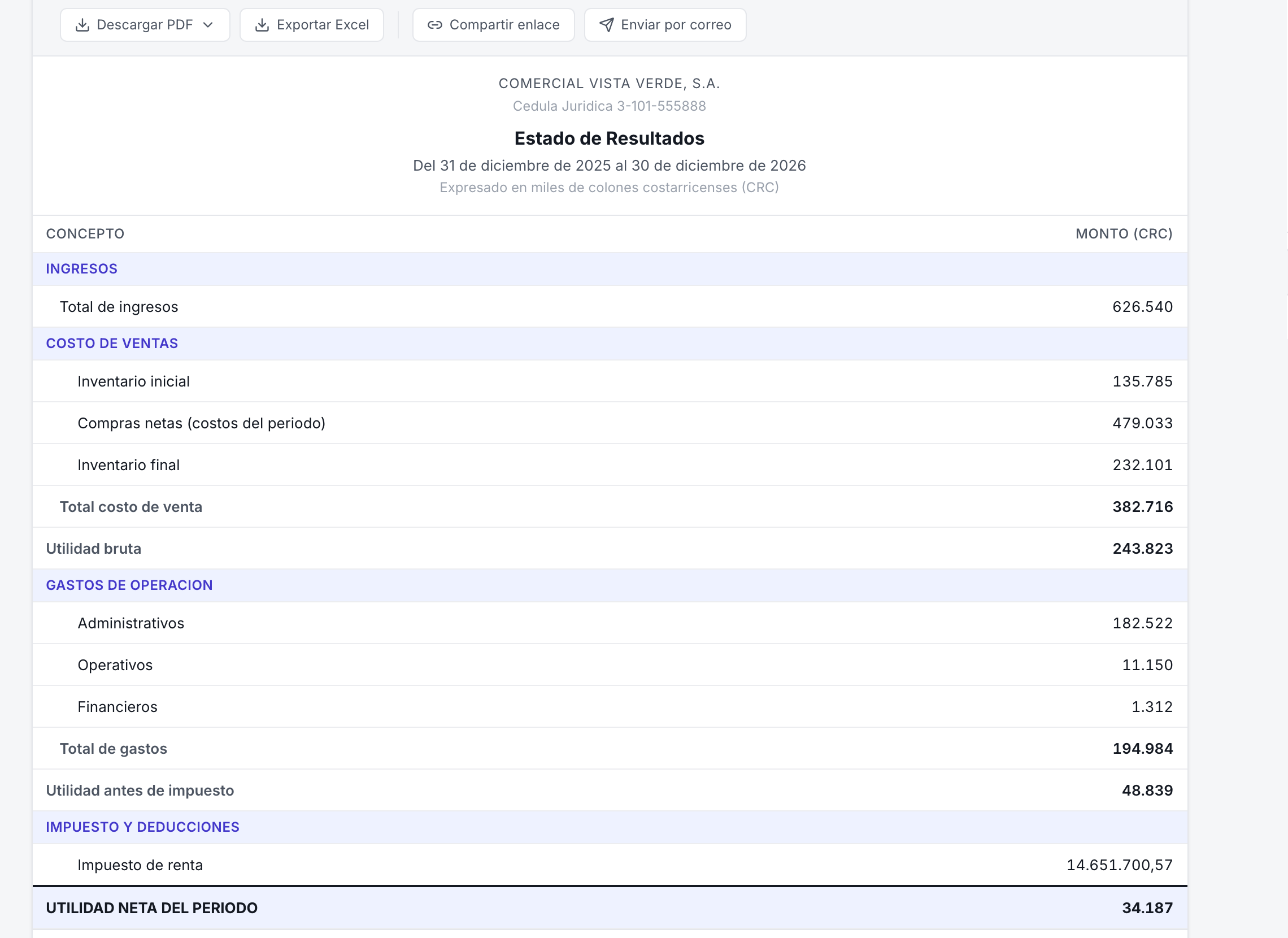 Estado de Resultados en Sis-Contable con exportación a PDF, Excel y correo